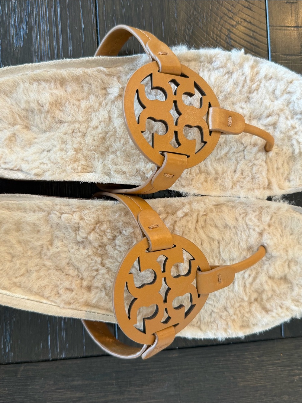 Tory Burch Cognac Leather Miller Shearling Slide Sandals